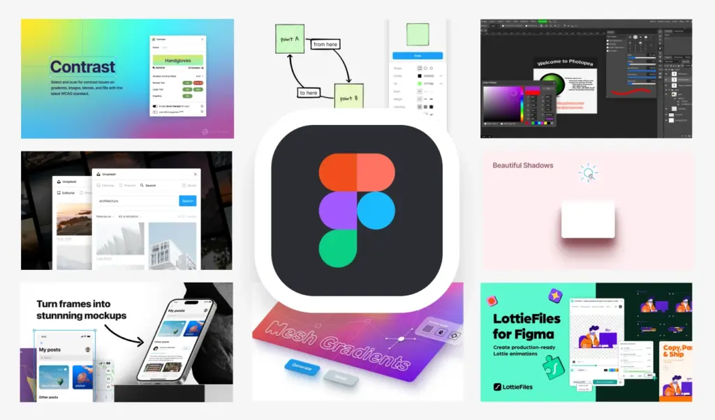 figma-plugins-web-design Collage showcasing Figma resources and plugins, including mockups, gradient tools, and animation integration. | Sky Rye Design Collage showcasing Figma resources and plugins, including mockups, gradient tools, and animation integration.