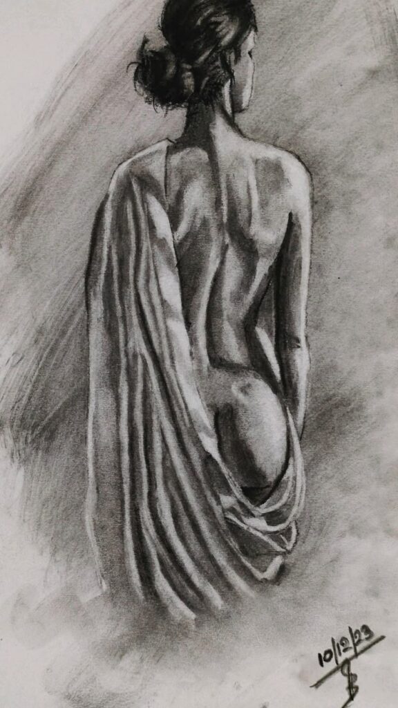 figure Drawing with charcoal Charcoal sketch of a woman draped in fabric, showcasing her back and hair tied up, creating an elegant and artistic visual. | Sky Rye Design Charcoal sketch of a woman draped in fabric, showcasing her back and hair tied up, creating an elegant and artistic visual.