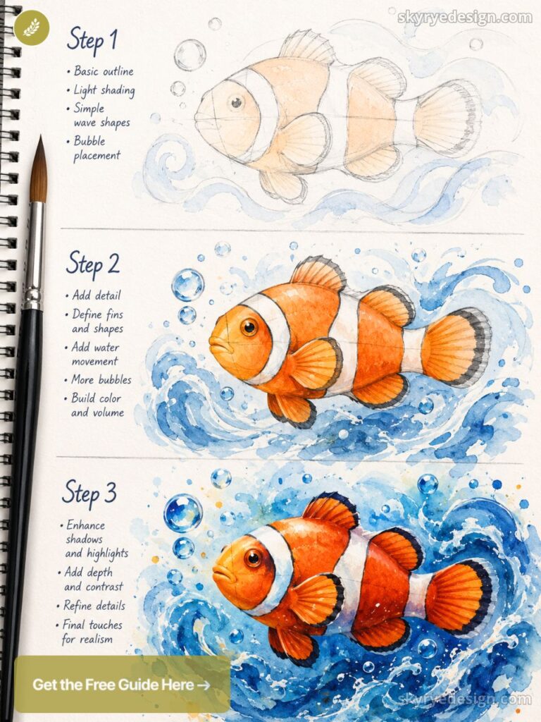 how-to-draw-additional-content - 2026-05-22T150407781 Step-by-step watercolor clownfish tutorial: sketch, mid-tone and finished vibrant orange fish with waves and bubbles | Sky Rye Design Step-by-step watercolor clownfish tutorial: sketch, mid-tone and finished vibrant orange fish with waves and bubbles