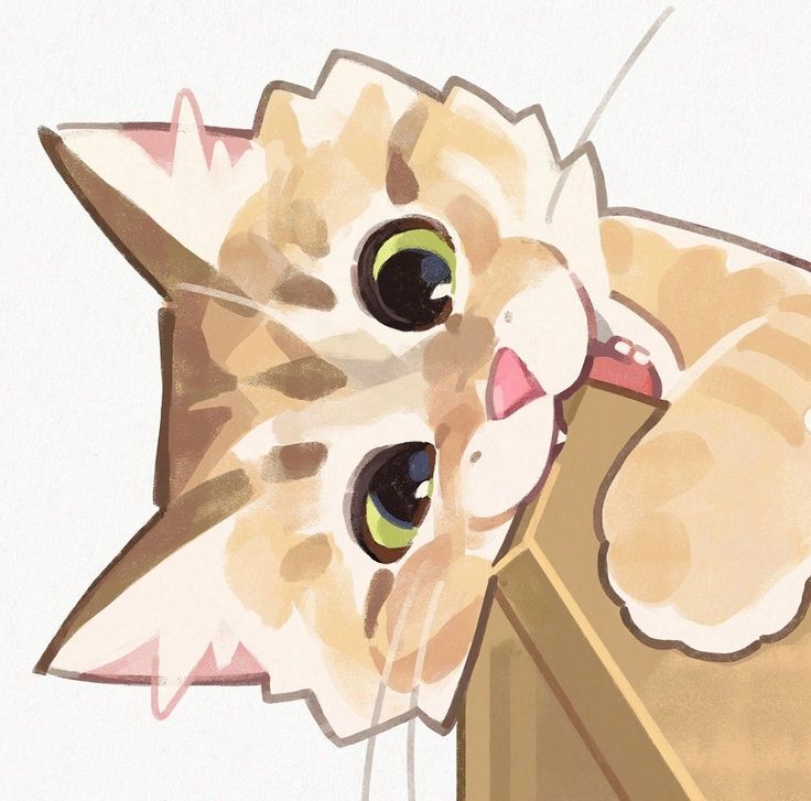 Cute cartoon cat peeks out of a cardboard box, with big green eyes and playful expression, in charming pastel illustration style.