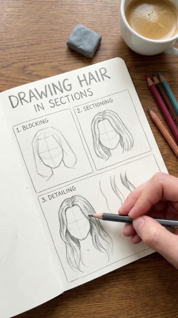generated-image Sketching tutorial in a notebook: drawing hair in sections with pencils, eraser, and coffee cup on wooden table. | Sky Rye Design Sketching tutorial in a notebook: drawing hair in sections with pencils, eraser, and coffee cup on wooden table.