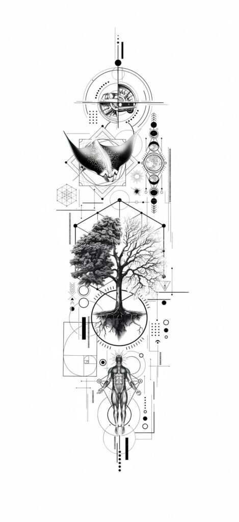 Abstract black and white illustration featuring a tree, human figure, and geometric patterns, symbolizing life and connectedness.