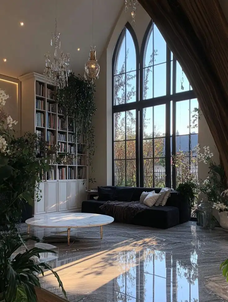 Spacious living room with large arched windows, black sofa, marble floor, and tall bookshelves, bathed in natural sunlight and lush plants.