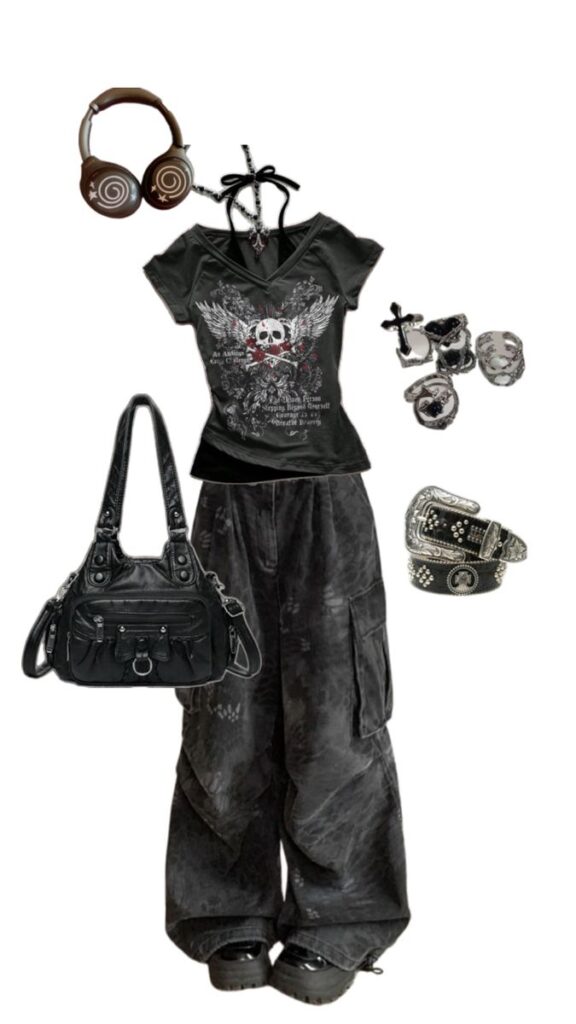 Alternative goth outfit with skull t-shirt, black cargo pants, cross jewelry, headphones, belt, bag, and platform shoes.