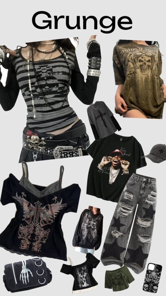Collage of grunge fashion items including graphic tees, distressed jeans, and edgy accessories under Grunge text. Retro style inspiration.