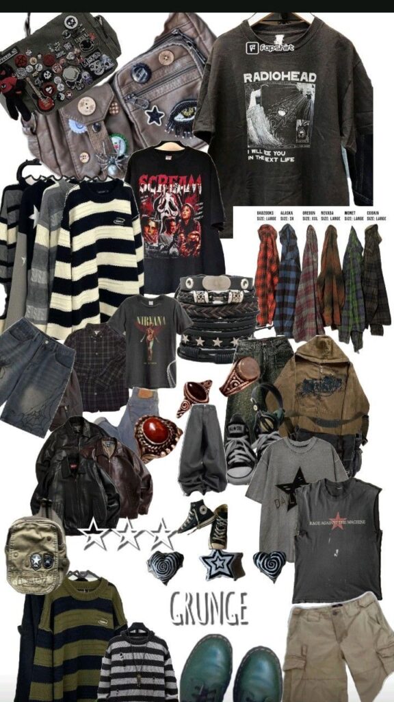 Collage of grunge fashion items: band tees, plaid shirts, leather jackets, combat boots, striped sweaters, distressed jeans, and accessories.