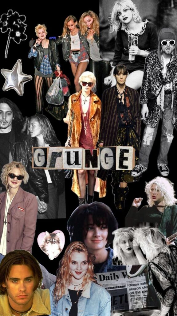 Vintage grunge aesthetic collage with edgy fashion and punk rock vibes, highlighting 90s culture and rebellious style.