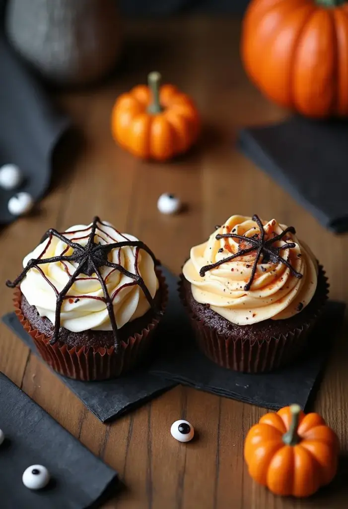halloween-cooking-mistakes-and-fixes Halloween cupcakes with spider web frosting, surrounded by mini pumpkins on a wooden table. Perfect spooky treats for the season! | Sky Rye Design Halloween cupcakes with spider web frosting, surrounded by mini pumpkins on a wooden table. Perfect spooky treats for the season!