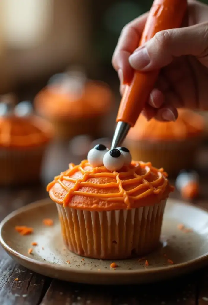 halloween-food-decorating-tricks 1 Hand decorating Halloween cupcake with orange frosting and candy eyes on rustic plate. Perfect festive treat or party dessert idea. | Sky Rye Design Hand decorating Halloween cupcake with orange frosting and candy eyes on rustic plate. Perfect festive treat or party dessert idea.