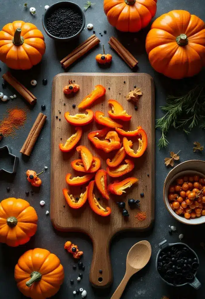 halloween-recipe-creation-flatlay 1 Sliced orange peppers on a wooden board surrounded by mini pumpkins, spices, and berries, creating a festive autumn cooking scene. | Sky Rye Design Sliced orange peppers on a wooden board surrounded by mini pumpkins, spices, and berries, creating a festive autumn cooking scene.