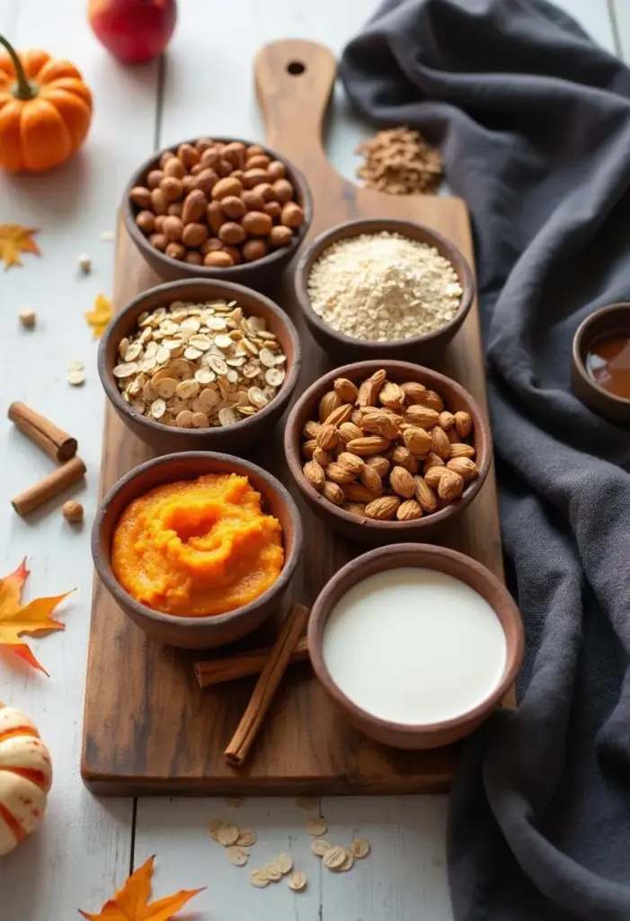 healthy-halloween-ingredient-swaps 1 A rustic fall-themed spread featuring bowls of pumpkin puree, almonds, oats, and milk on a wooden board, surrounded by autumn leaves. | Sky Rye Design A rustic fall-themed spread featuring bowls of pumpkin puree, almonds, oats, and milk on a wooden board, surrounded by autumn leaves.