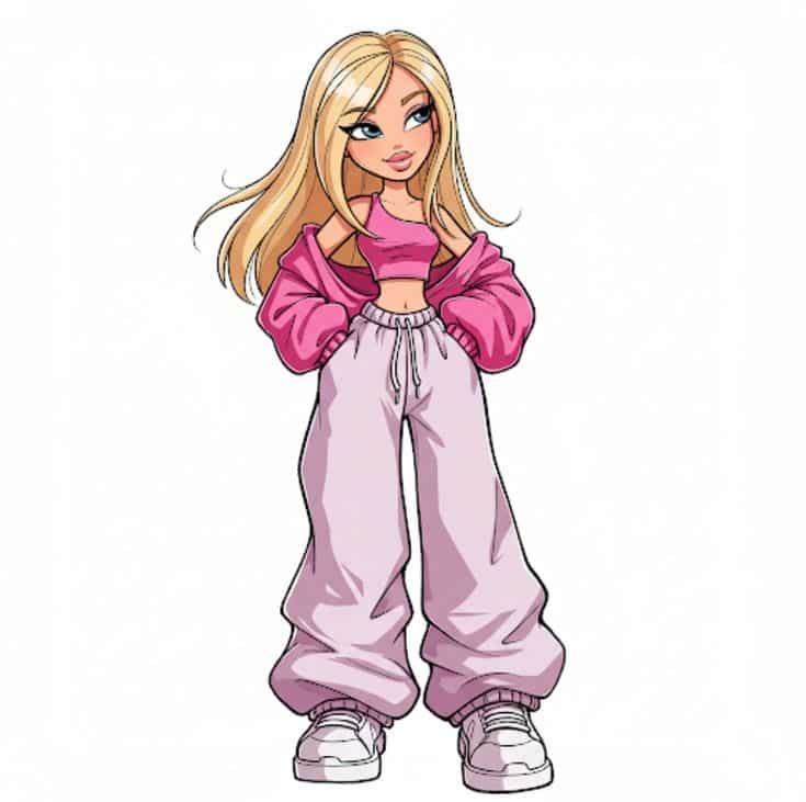 hiphop bratz doll Stylish cartoon character in pink crop top and baggy pants, hands in pockets, exuding confidence and fashion-forward attitude. | Sky Rye Design Stylish cartoon character in pink crop top and baggy pants, hands in pockets, exuding confidence and fashion-forward attitude.