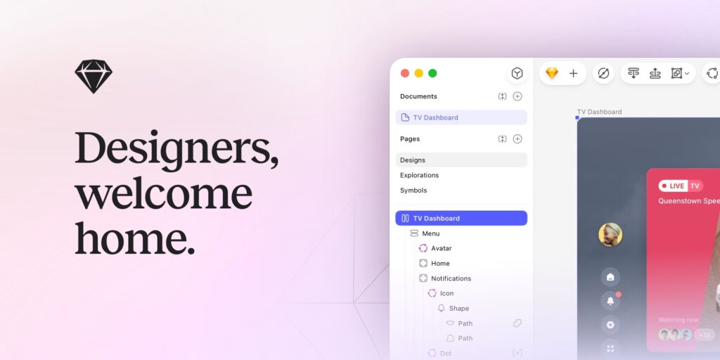 home Welcome screen for design software with sidebar menu and project dashboard, showcasing creative tools and live TV feature. | Sky Rye Design Welcome screen for design software with sidebar menu and project dashboard, showcasing creative tools and live TV feature.