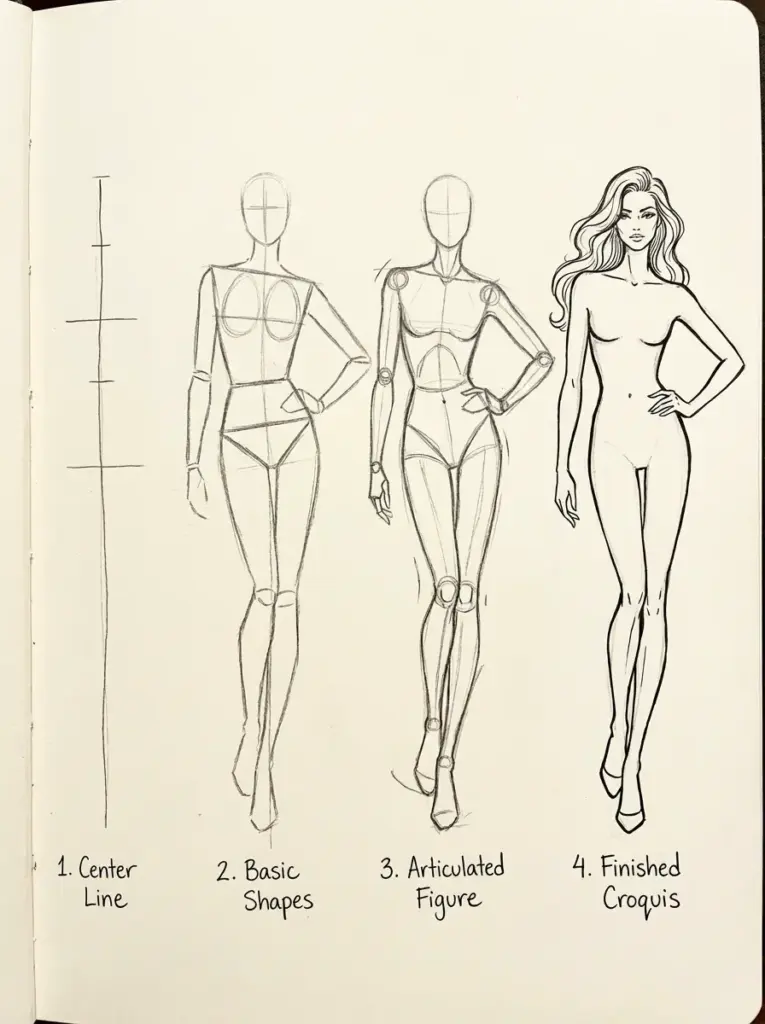 Fashion croquis tutorial showing four figure drawing stages: center line, basic shapes, articulated figure, finished croquis