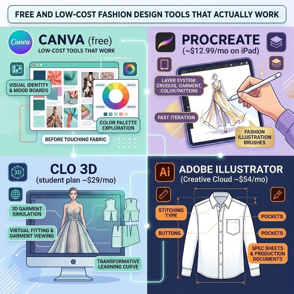 Infographic: 4 fashion design tools — Canva (mood boards), Procreate (illustration), CLO3D (3D fitting), Adobe Illustr. (specs)