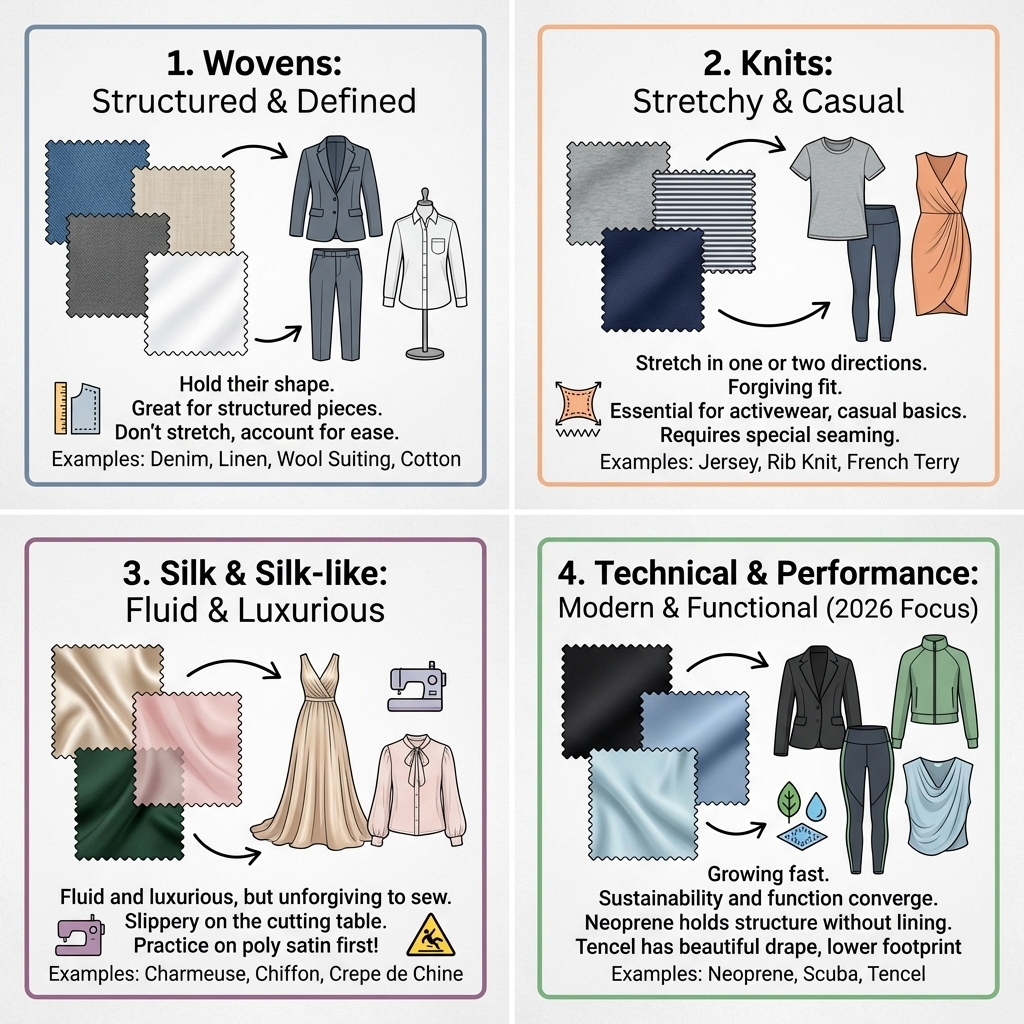 Infographic of fabric types: Wovens, Knits, Silk & Silk-like, Technical Performance — swatches, garment icons, features.