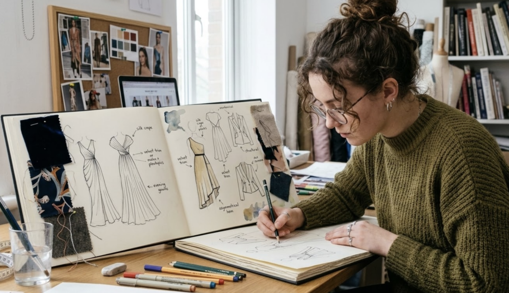 Fashion designer sketching dresses in studio with open sketchbook, fabric swatches and pencils on table