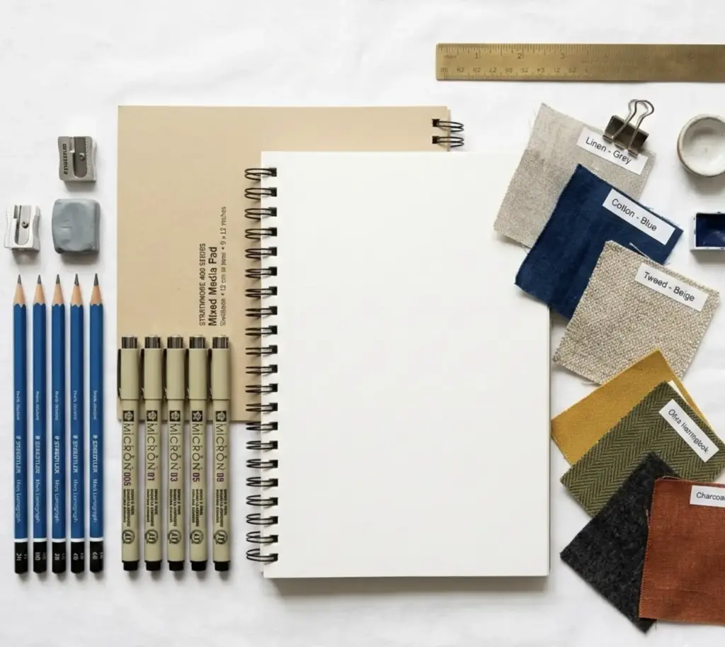 Flat-lay designer tools: blank spiral sketchbook, pencils, Micron pens, ruler, erasers and labeled fabric swatches