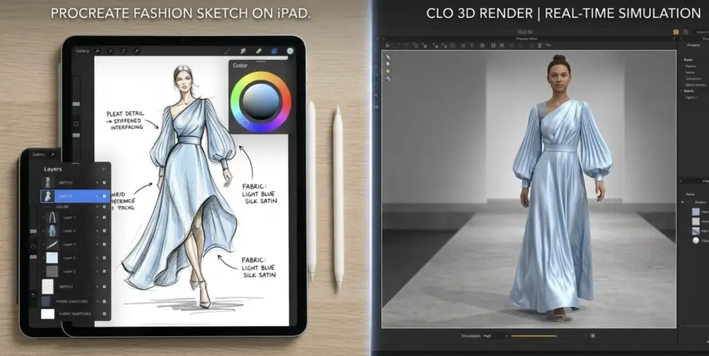 Procreate fashion sketch on iPad and CLO 3D real-time render of a light blue silk satin dress, digital fashion design process