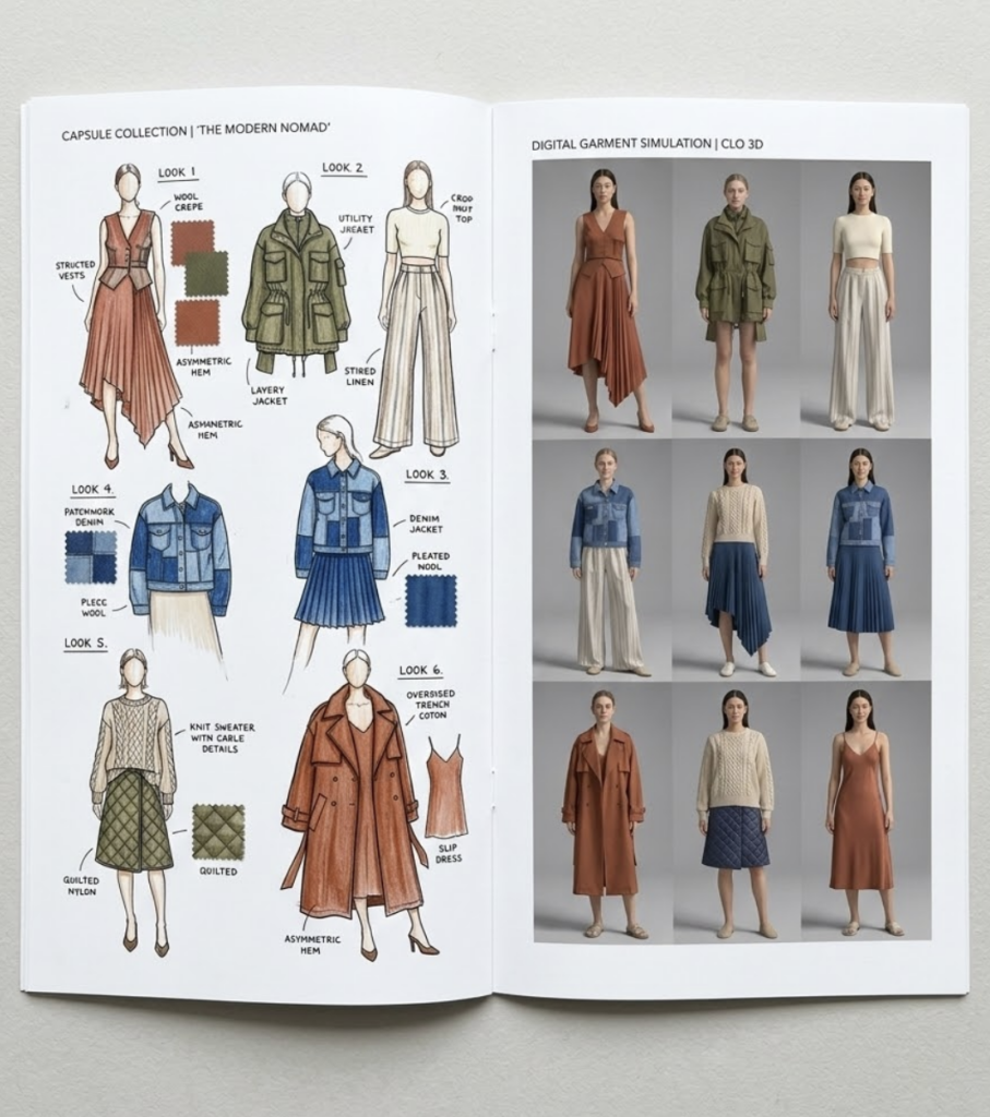 Women's fashion lookbook: capsule collection sketches with fabric swatches (left) and 3x3 digital outfit renders (right)