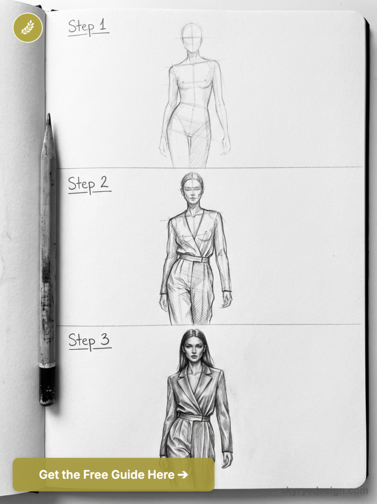 Pencil sketchbook showing a three-step fashion illustration tutorial: basic croquis to detailed coat design