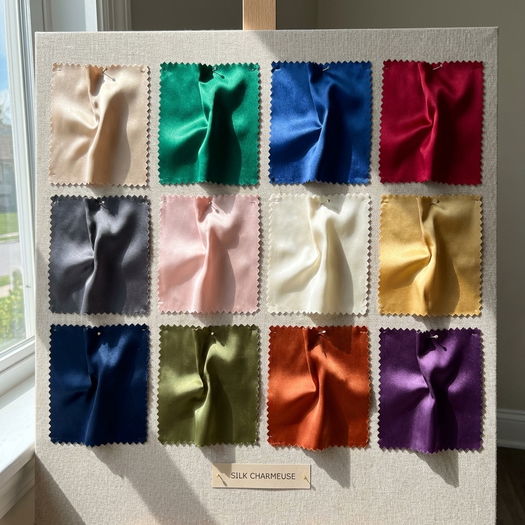 Silk charmeuse swatch board: 16 satin fabric samples in assorted colors