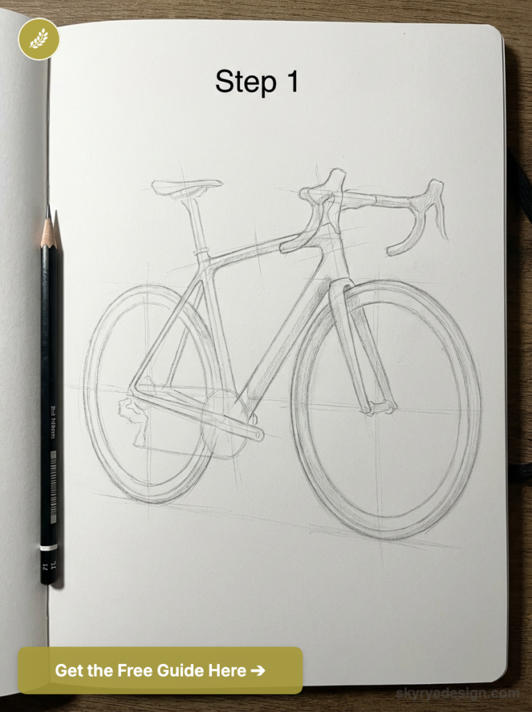 Step 1 pencil sketch of a road bicycle on open sketchbook, light construction lines and a pencil at left.