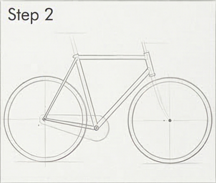 Step 2 bicycle drawing: sketched road bike frame and wheels with alignment guides for tutorial blueprint