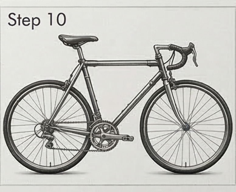Road bike assembly Step 10: side view of assembled road bike with drop bars, dual chainring and rim brakes