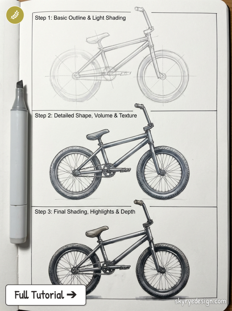 Sketchbook step-by-step bicycle drawing tutorial: outline, detailed shading, final highlights; marker on left