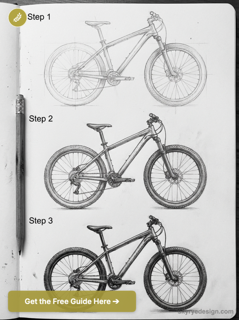Mountain bike sketch tutorial: step-by-step pencil drawings in a sketchbook with a pencil and guide banner