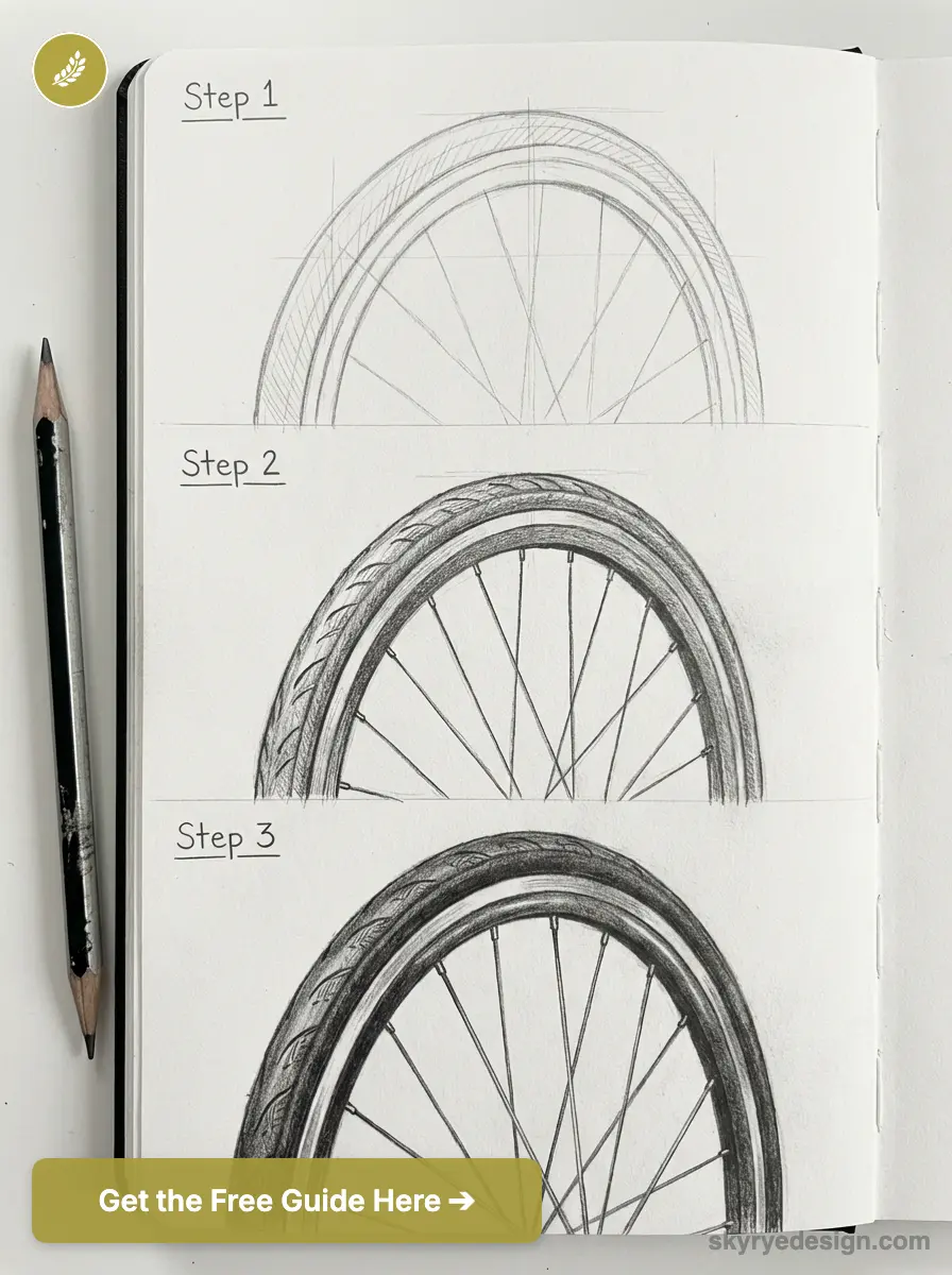 Step-by-step pencil sketch tutorial of a bicycle wheel and tire in a sketchbook with a pencil.