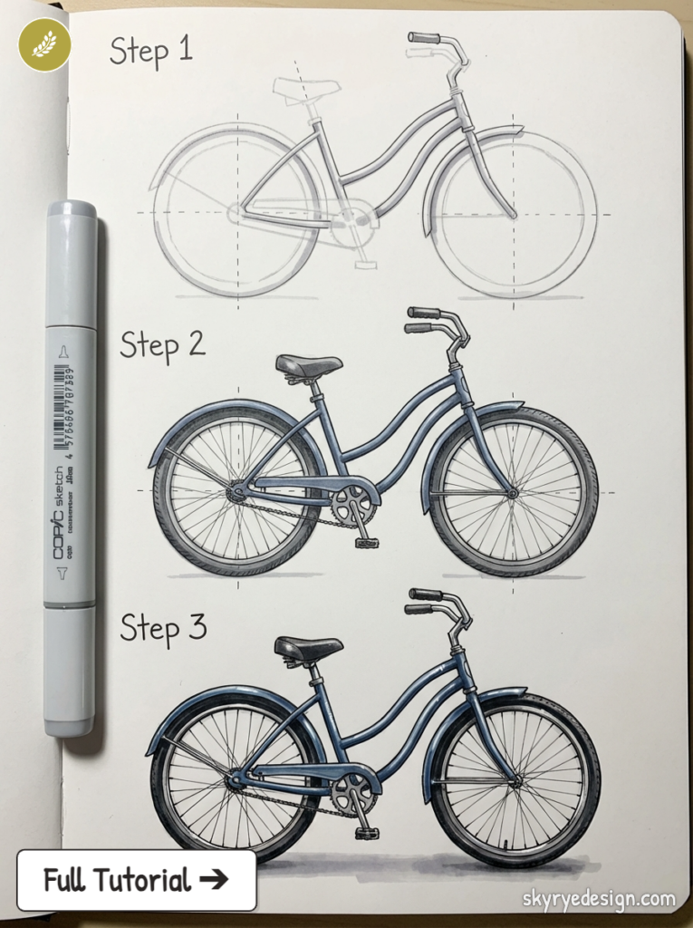 Step-by-step bicycle drawing tutorial in a sketchbook showing three stages of a blue cruiser bike drawn with Copic marker.