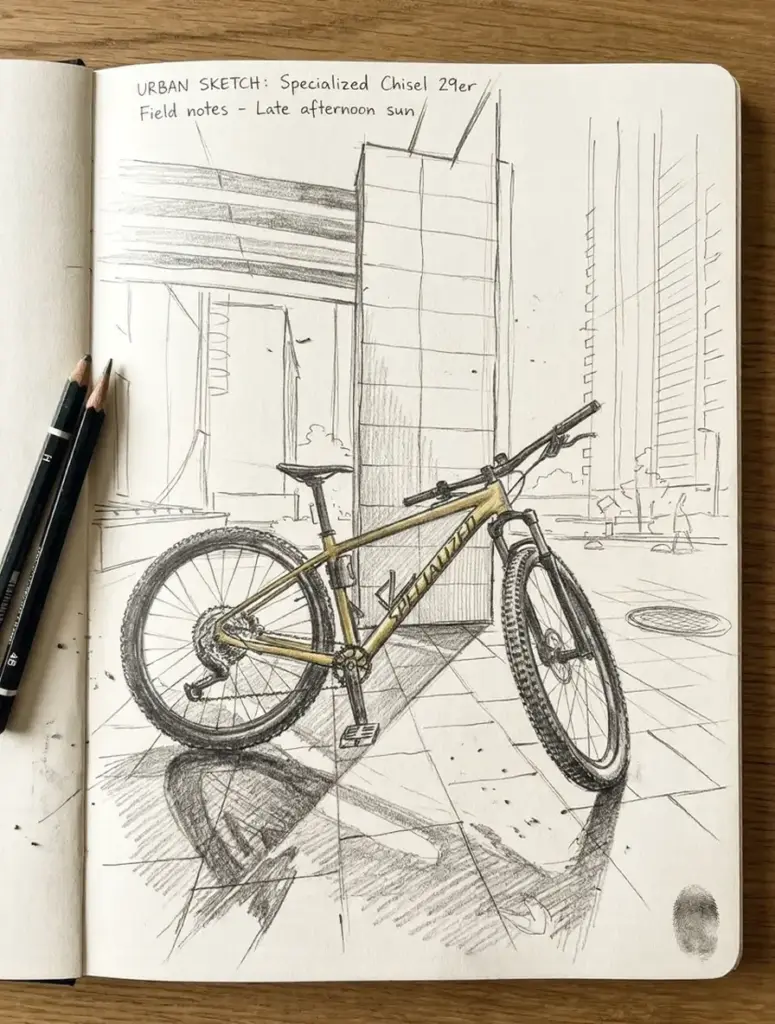 Pencil sketch urban sketchbook drawing of a Specialized Chisel 29er mountain bike leaning against a city pillar