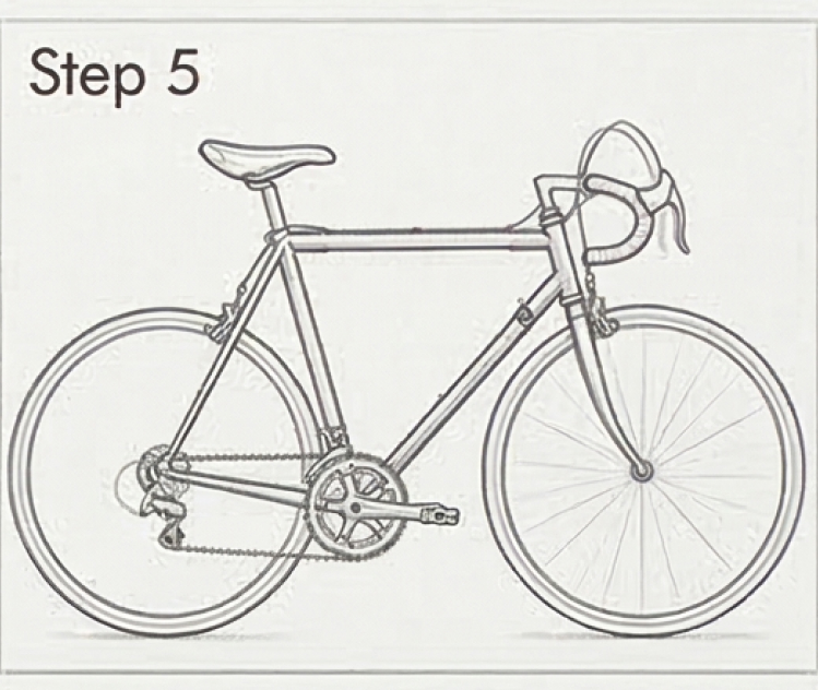 Side-view diagram of a road bicycle with drop handlebars and drivetrain, labeled Step 5 — assembly illustration.