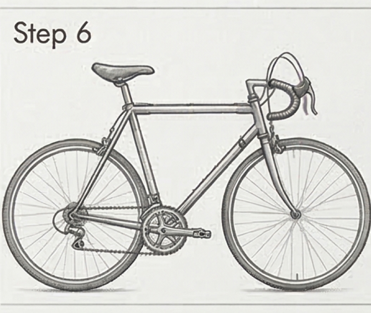 Road bike side-view diagram showing assembly Step 6 - classic steel frame, drop handlebars, chainset and wheels.