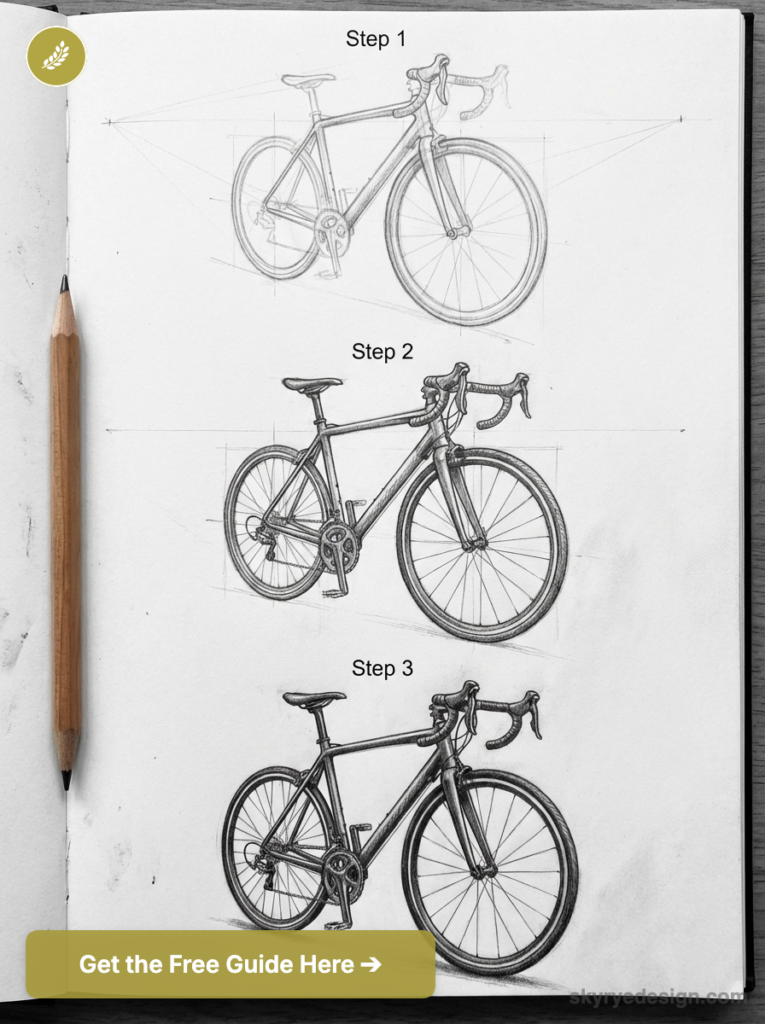 Three-step pencil sketch tutorial of a road bicycle in a sketchbook, showing step-by-step drawing progression.