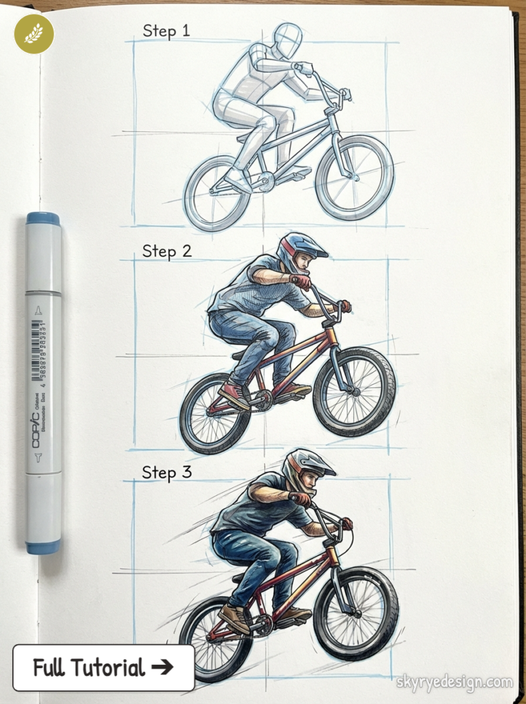 Three-step drawing tutorial: sketch to finished colored BMX rider on bike, marker pen at left