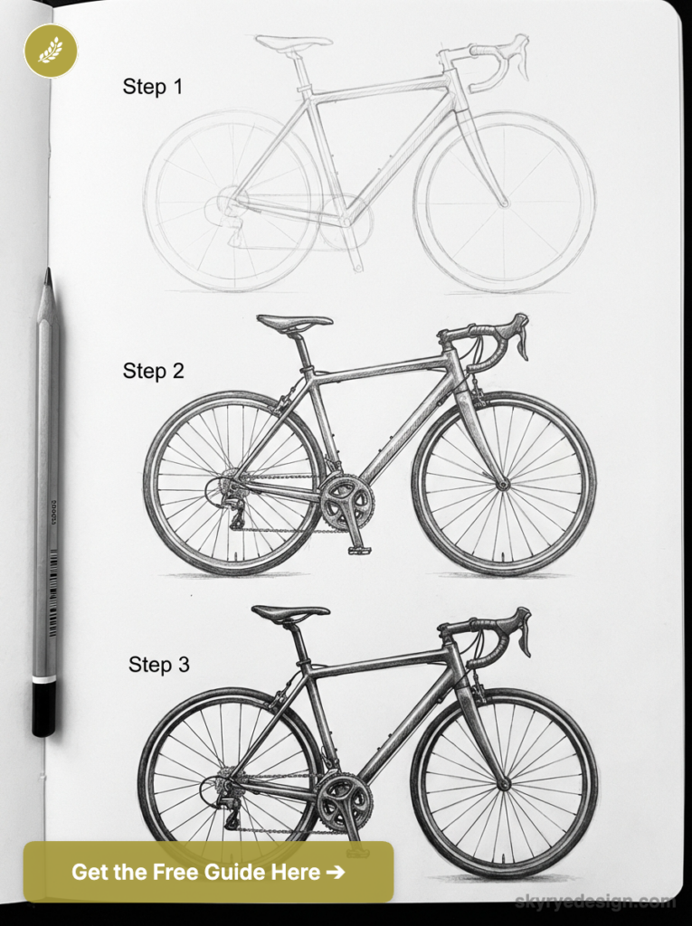 Step-by-step pencil sketch tutorial showing a road bicycle drawn in three stages on a sketchbook, pencil at left.