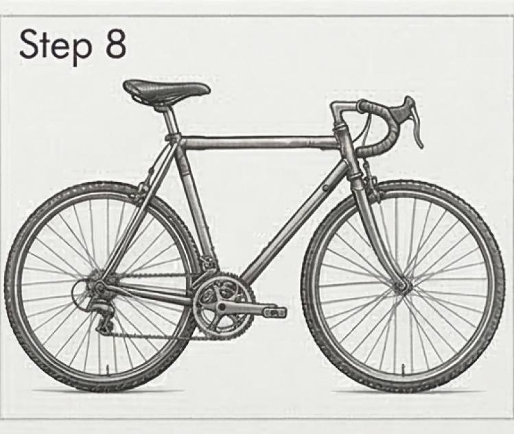 Side-view road bicycle illustration with drop handlebars, dual chainrings and derailleur — assembly Step 8 diagram.