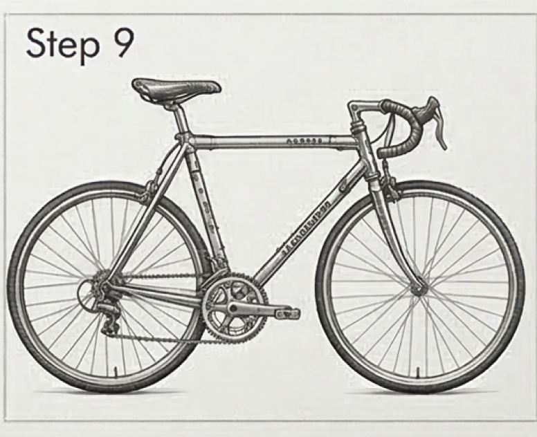Assembly diagram Step 9 showing side-view road bicycle with drop handlebars, chainset and wheels.