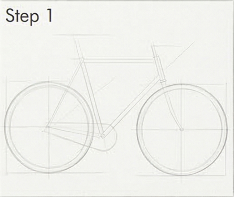 Step 1 bicycle sketch with construction lines showing basic frame and wheels for a drawing tutorial