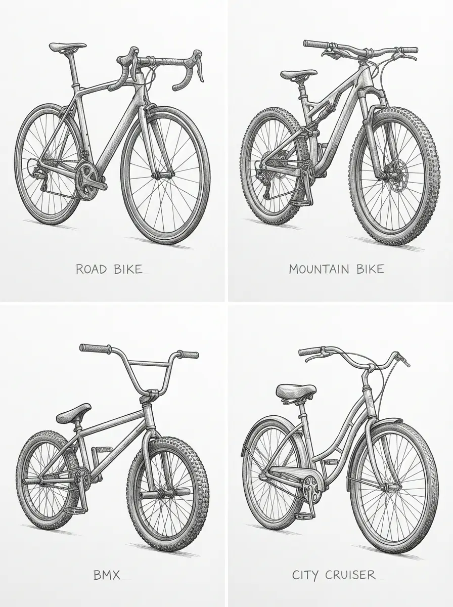 Hand-drawn illustrations of four bicycle types: road bike, mountain bike, BMX, and city cruiser.