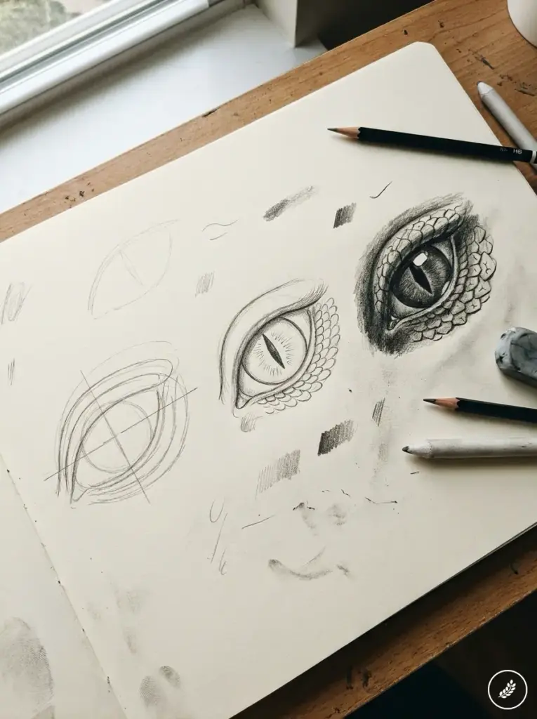 Pencil sketchbook page with detailed reptile/dragon eye drawings, shading studies and pencils on a wooden desk