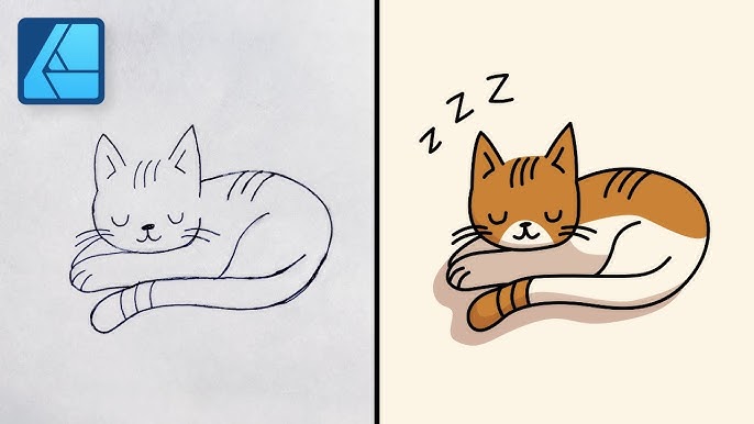 hq720 10 Side-by-side comparison of a simple cat drawing outline and its colored version, featuring a sleeping cat with stripes and a relaxed pose. | Sky Rye Design Side-by-side comparison of a simple cat drawing outline and its colored version, featuring a sleeping cat with stripes and a relaxed pose.