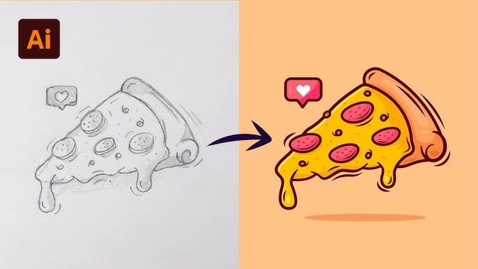 hq720 9 Hand-drawn pizza sketch transformed into colorful vector art with pepperoni and cheese, showcasing digital illustration improvement. | Sky Rye Design Hand-drawn pizza sketch transformed into colorful vector art with pepperoni and cheese, showcasing digital illustration improvement.