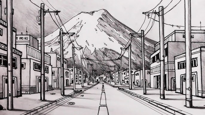 hq720 Street lined with buildings and utility poles leading to a snow-capped mountain, capturing an urban-meets-nature landscape in grayscale. | Sky Rye Design Street lined with buildings and utility poles leading to a snow-capped mountain, capturing an urban-meets-nature landscape in grayscale.