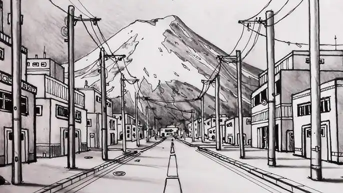 Street lined with buildings and utility poles leading to a snow-capped mountain, capturing an urban-meets-nature landscape in grayscale.