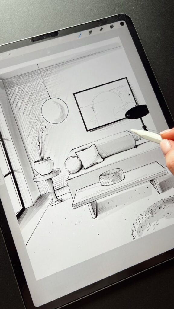 iPad as a Sketchbook Digital sketch of a modern living room design on a tablet, featuring a couch, table, and decor elements, with a stylus in hand. | Sky Rye Design Digital sketch of a modern living room design on a tablet, featuring a couch, table, and decor elements, with a stylus in hand.