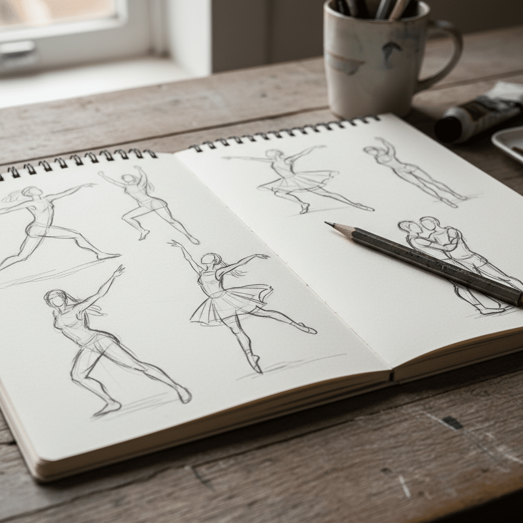 Open sketchbook with ballet dancer drawings on a wooden table, accompanied by a pencil, a mug, and paint tubes nearby.